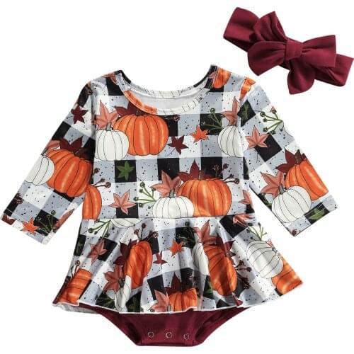 New Baby Girl’s Casual Long Sleeve Romper Fashion Pumpkin Printed Hem Jumpsuits and Headband