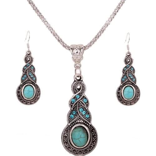 Boho Oval Stone Ethnic Tibetan Necklace Earrings Fashion Jewelry Set For Women Pendant Necklace Sets Party Charm Bijoux