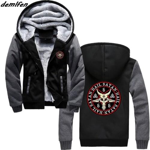 Hail Satan 666 Baphomet Pentagram Devil Wicca Black Magic Print Hoodie Men Thick Zipper Sweatshirt Hip Hop Jacket Tops