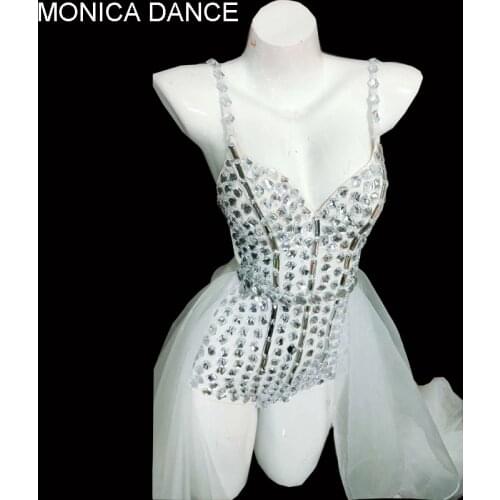 Nightclub Sexy Stage Performance White Crystals Outfit Female Singer Mesh Train Costume Rhinestones Bodysuit Jazz Dance Wear
