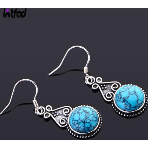 S925 Sterling Silver Drop Earring 10MM Round Turquoise Pendant Earrings Vintage Style Engagement Wedding Women Earrings