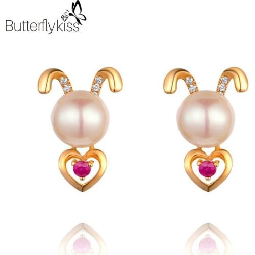 BK Genuine Gold 585 Earrings With 18K Rose Gold Rabbit Earrings Ruby And Pearl Fashion Luxury Earrings For Women