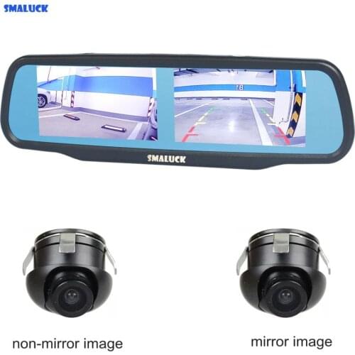 SMALUCK Double 4.3 inch Screen Rearview Mirror Car Monitor with 2 x Car Rear View Camera for Rear/ Front / Side View Camera