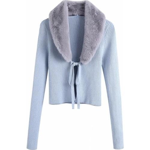 XNWMNZ Za Women Fashion Patchwork Faux Fur Knitted Cardigan Sweater Vintage With Tied Female Long Sleeve Outerwear Chic Tops