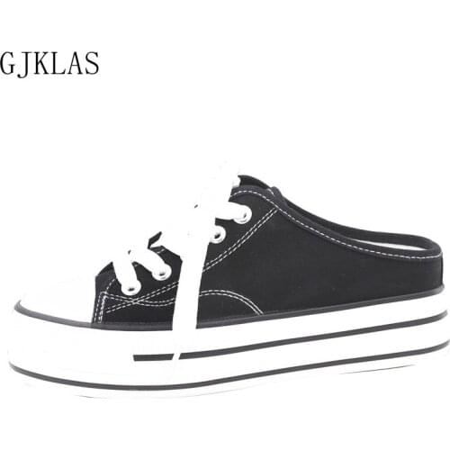 Platforms Canvas Shoes Woman Slippers Wedges Shoes for Women Black White Platform Shoes Women Slip on Casuales Half Slippers