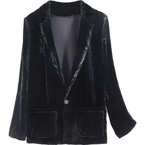 Women Autumn Winter Natural Silk Casual Velvet Blazer Silk Long Sleeve Office work wear Real Silk Blazer