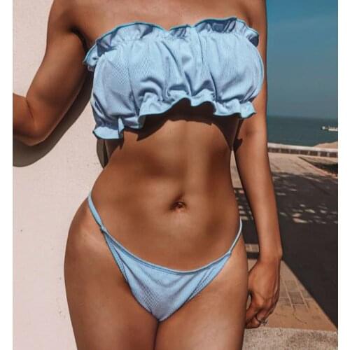 Womens Bandeau Bikini Set Sexy High Cut Blue Bathing Suit Summer Strapless Ruffle Ruched Bra and Thong Two Pieces Swimwear