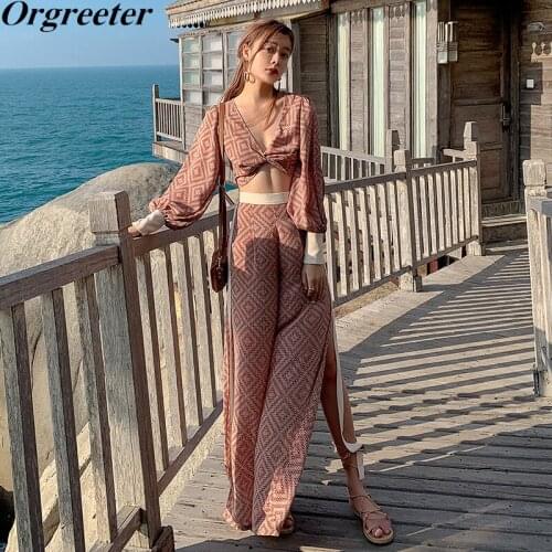 Sexy V-neck Long Lantern Sleeve Short Tops and Split Wide leg Pants Two piece Set Women Summer Bohemian Beach Printted Suits