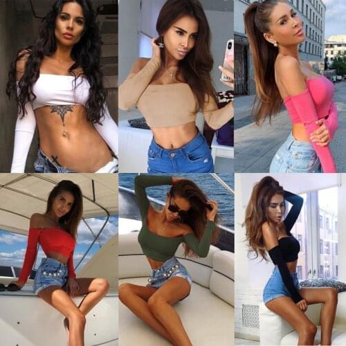 Sexy Tops Women 2020 Long Sleeve Solid Color T Shirt Black White Red Off Shoulder Summer Bodycon Tee Shirt Femme Party Club