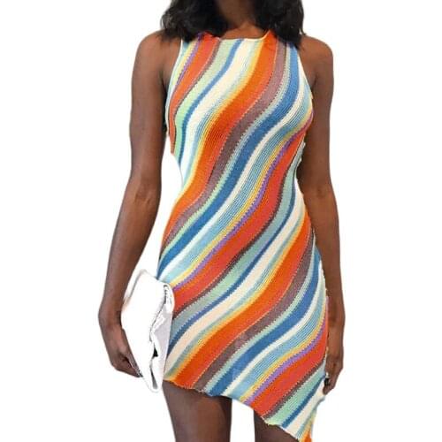 2021 Summer New Fashion Slim Sleeveless O-Neck Striped Dress Lady Casual Large Size 3XL Cotton Knitting Irregular Dress Vestidos