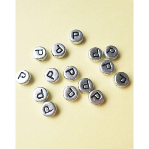 Single Letter P Printing Acrylic Silver Character Beads 500pcs/lot 4*7MM Flat Coin Round Shape Bracelet Spacer Alphabet Beads