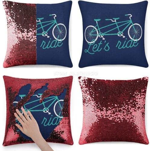 Lets Ride Tandem Bicycle Illustration-Teal / White Sequin Pillowcase Glitter Pillow Case for Sofa Decorative Party Bike Bicycle