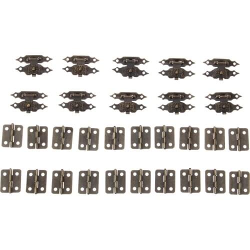 Zinc Alloy 20Pcs Furniture Cabinet Hinges with 10Pcs Chinese Old Jewelry Wooden Box Case Hasp Latch Lock Hardware