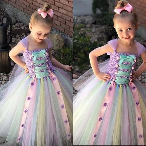 Girls Tangled Princess Tutu Dress Kids Crochet Tulle Dress Long Ball Gown with Ribbons Children Birthday Party Costume Dresses