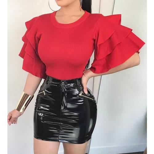 Sexy Women Multi Layer Ruffle Wide Sleeve T-Shirt Casual Slim Solid Top Shirt Summer Streetwear Womens Clothes Summer Camis