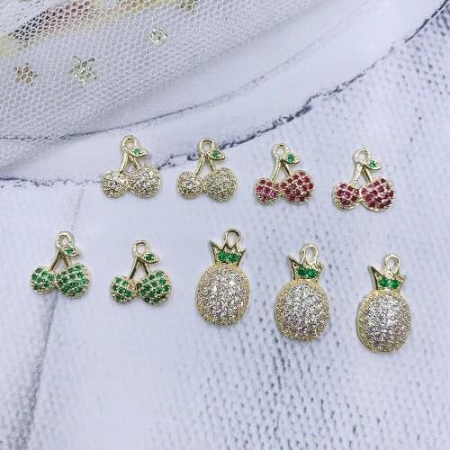 HAOSAW 4Pcs/Lot Choose/Cute/Cherry/Pineapple/Rhinestone/Cooper Metal/Genuine Gold Plating Charm/Hand Made/Earring Jewelry
