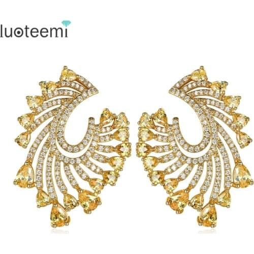 LUOTEEMI Fashion Big Flower Stud Earrings U Shape Micro Paved Shining Clear Yellow CZ White Gold-Color Brincos Christmas Gifts