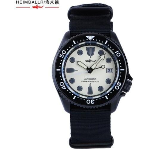 Heimdallr Mens SKX007 Diver Watch Full Green Luminous Dial Black PVD Coated Stainless Case NH35 Automatic Movement Nato Strap
