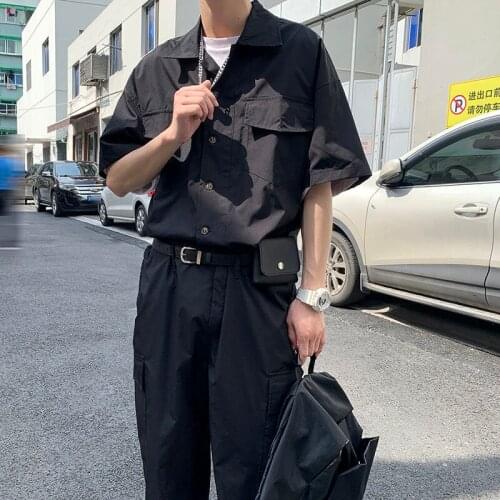 Mens Jumpsuit Short-sleeved Shirt Solid Color Cargo Suit Loose Fashion Personality Sport Tidal Current Streetwear New Arrivals