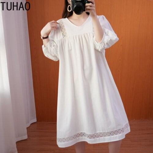 TUHAO Women Black White Loose Dress Big Size Womens Casual Summer Dresses Puff Sleeve Plus Size Clothing for Women 3XL 2XL