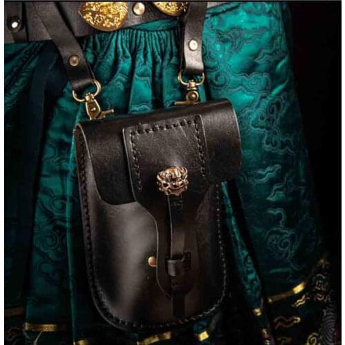 Walking bag real leather Chinese ancient Hanfu bag accessories cosplay mobile phone bag wallet black waist bag for men women
