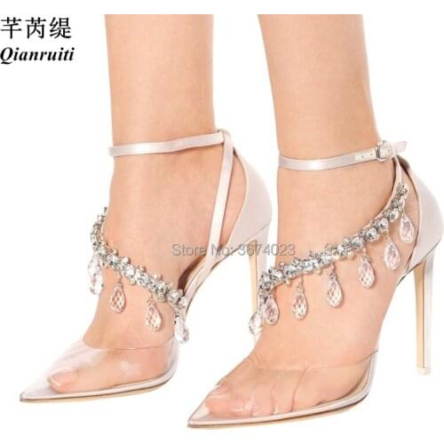 Qianruiti 2018 Fashion Runway Women Crystal Sandals String crystal High Heels Ankle Strap Satin Stilettos PVC Jelly Shoes Women