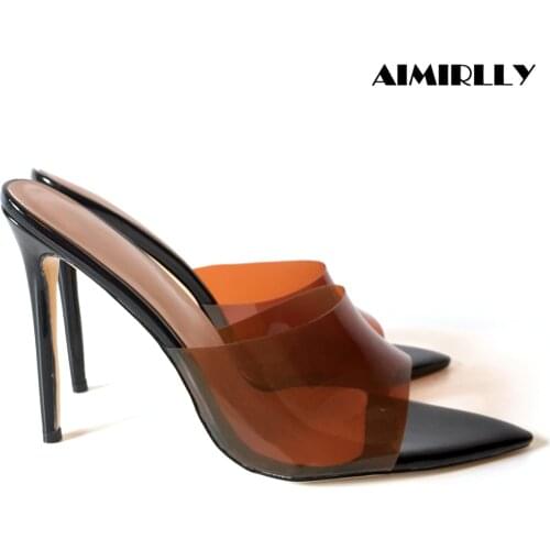Womens Summer Sandals Slippers Pointy Toe High Heels PVC Shoes Brown Mules Ladies Party Dress Heels Casual Footwear Aimirlly