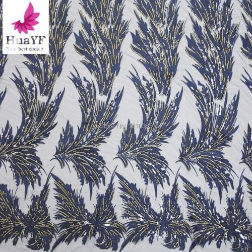 Blue African french net lace fabric 2019 high quality embroidered beaded tulle sequins double organza lace for party dress