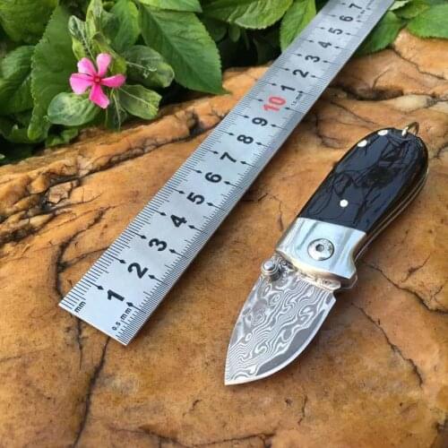 60HRC Damascus Steel Folding Knife Pattern Blade + Natural Black Horn Handle Outdoor EDC Tactical Survival Knive Hunting Knife