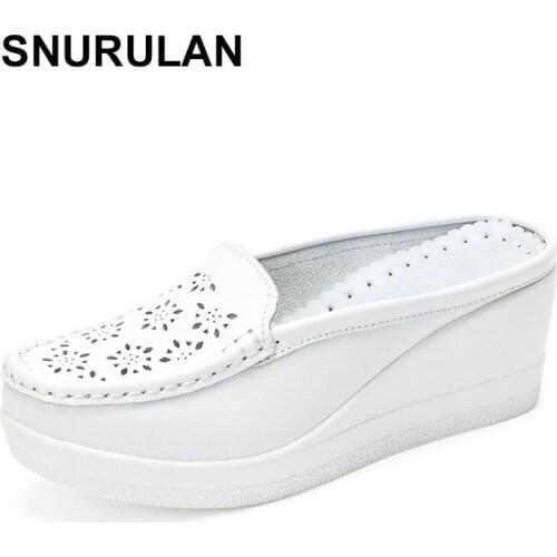 SNURULANNew Cutout Platform Shoes Woman Summer 2018 Split Leather Slippers White Nurse Shoe Moccasins Wedges Slides forWomenE624