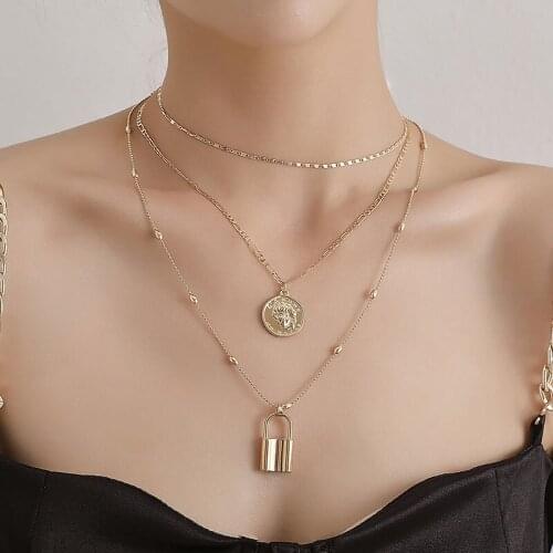 Vintage Multilayer Figure Coin Lock Pendant Necklace Women Temperament Geometric Beads Chains Necklace Punk Party Jewelry Kolye