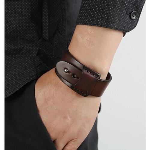 Modyle Vintage Irregular Men Genuine Leather Bracelets Wide Brown Cuff Wrap Bracelets&Bangles Punk Wristband Women Men Jewelry