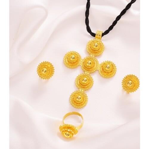 High qualityGold ColorEthiopian Jewelry Sets Necklace Bracelet earrings ring Dubai Wedding Bride Habesha sets African Items gift