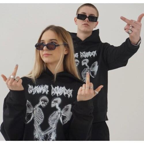 Autumn women sweatshirt Goth Skeleton Angel print Oversized Hoodies Black Y2K Tops Kawaii Hip-hop Grunge clothing Sweatshirts