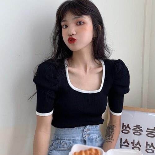 Womens Knitted T-shirt Korean Style Solid Color Puff Sleeves Slim-fit Tops Fashion Square Collar Short Sleeve T Shirt