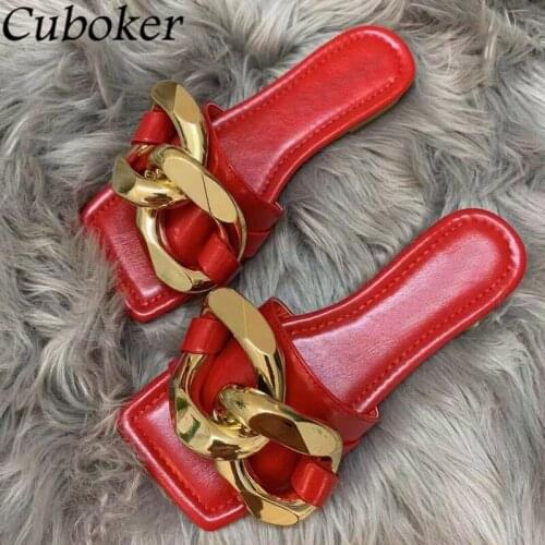 Square Toe Women Flat Slippers Metal Chain Decor Ladies Sides Summer Runway Brand Designer Slippers For Women Zapatos Mujer
