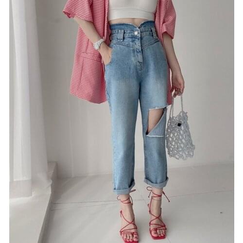 Autumn 2021 New Straight Hole Womens Jeans Pant Mid Waist Blue Denim Pants Retro Washed Streetwear Chic Trousers Female