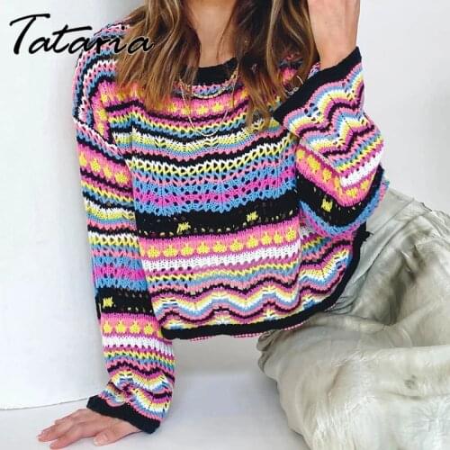 Women Pullovers Striped Sweater Autumn 2021 O Neck Pull Vintage Female Sweaters Loose Rainbow Knitted Jumpers Oversized Tops
