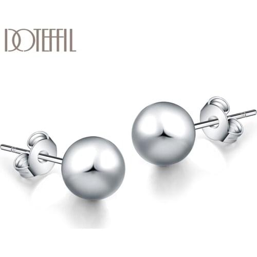 DOTEFFIL 925 Sterling Silver 8mm / 10mm Smooth Circle Bead Earrings Woman Simple Fashion Silver Jewelry