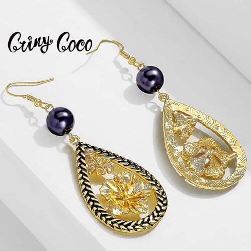 2020 Fashion Hawaiian New Earrings for Women Gold Color Water Drop Plumeria Flowers Earrings with Black Pearl Dangle Earring