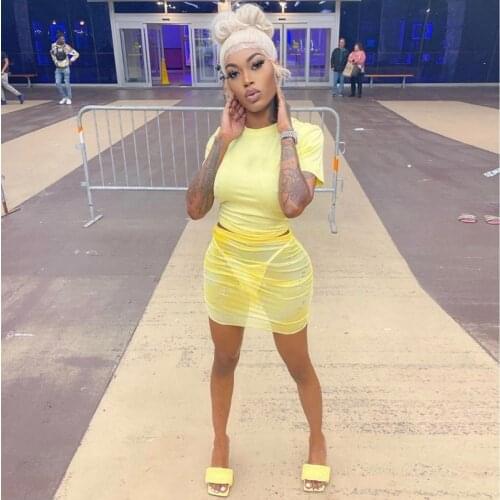 Women Soild 3pcs Dress Set Yellow Short Sleeve+Underpants And Sheer Mesh Shining See Through Mini Skirt Nightclub Party Wear