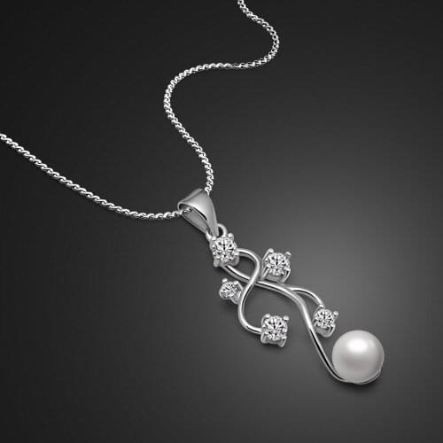 New Elegant Women Zircon Pearl Pendant Necklaces 100% 925 Sterling Silver Flower Choker Chain 18 Inch Jewelry Gift