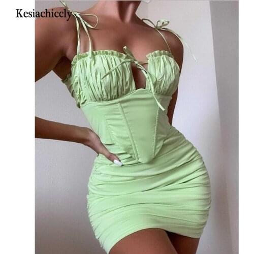 Kesiachiccly Female Summer Stretchy Corset Dress Chic Lace Up Draped Mini Dress Festival Clothing Sexy V Neck Club Party Dresses
