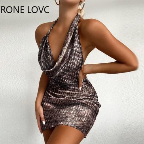Women Sleeveless Sequins Halter Ruched Sexy Dress Elegant Fashion Party Dress