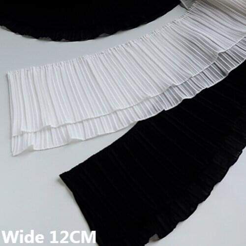 12CM Wide Luxury White Black Double Layers Pleated Chiffon Fabric Embroidered Ribbon Fringe Trim DIY Curtains Dress Sewing Decor