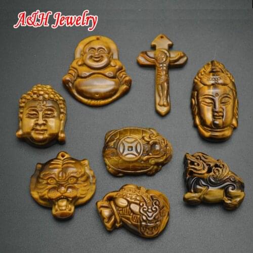 2pcs Natural Tiger Eyes Fine Carved Craft Pendants Cross Buddha Pixiu Jesus Fashion Unisex Jewelry Charms