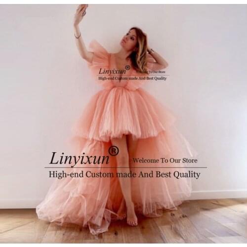 2021 Pretty Peach High Low Tulle Evening Dresses Ruffles Fashion Long Tutu Prom Gowns Sexy Deep V-neck Prom Party Dresses