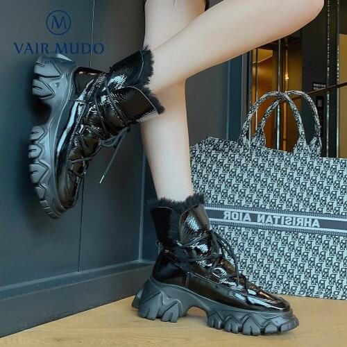 Ankle Casual Boots Thick Bottom Shoes Women Waterproof Platform Adult Snow Lace up Patent Leather Lady Round Toe Winter DX138L