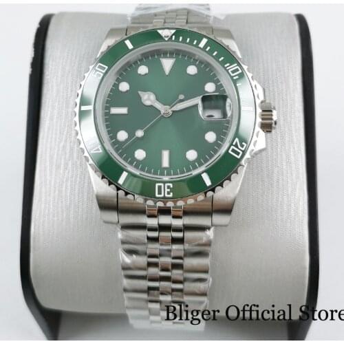 BLIGER Sterile Light Green Sunburst Dial 40mm Automatic Men Watch 24 Jewels NH35 Sapphire Crystal Jubilee Strap Screw Crown