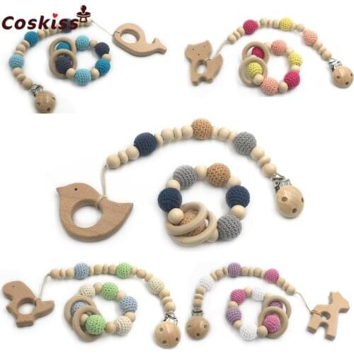 Wooden Baby Teether Rings Wooden Animal Pacifier Clips Organic Wood Montessori Toys Crochet Beads Teether Infant Teether Toys